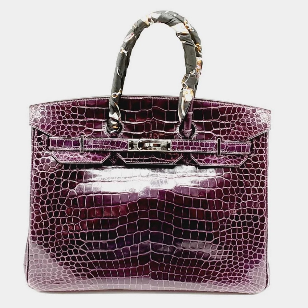 Hermes Birkin 35 Shiny Amethyst Croc Palladium Handbag